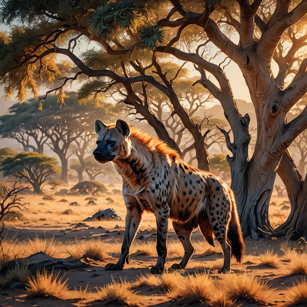 Hyena in African Landscape: Oil Painting