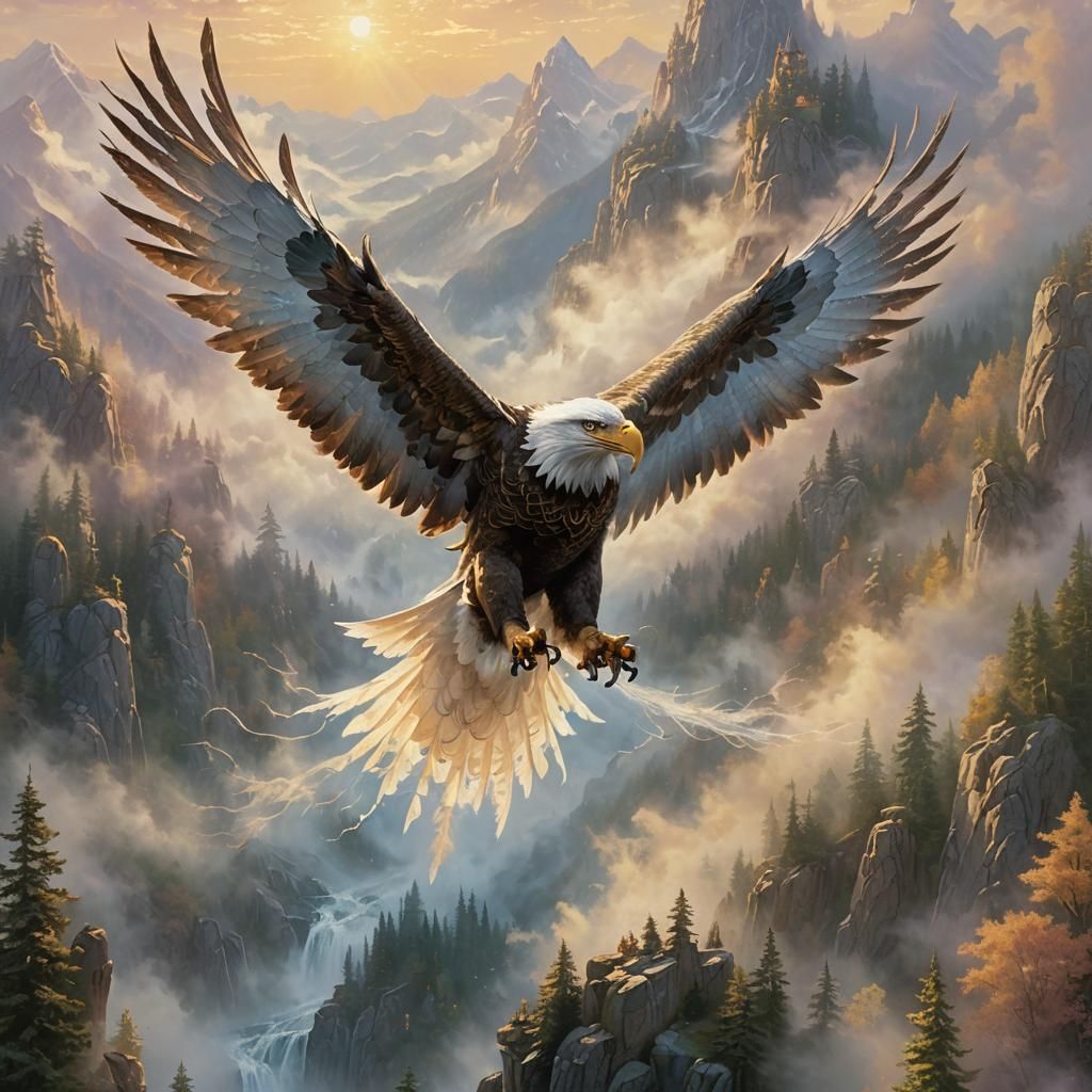 Wizard on Giant Eagle in Dreamy Landscape