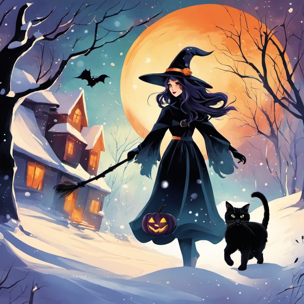 Charming Halloween Witch and Cat in Vector Art