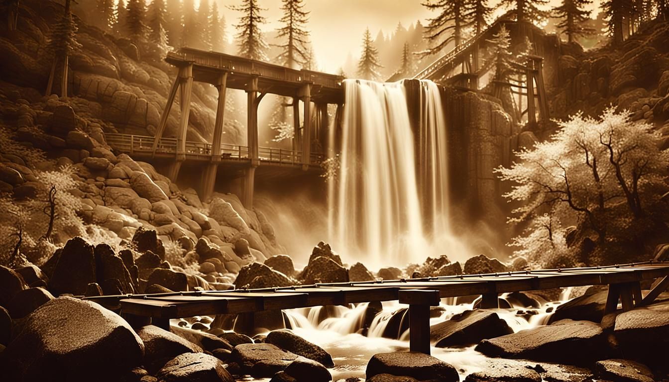 Vintage Waterfall Travel Poster in Bierstadt Style