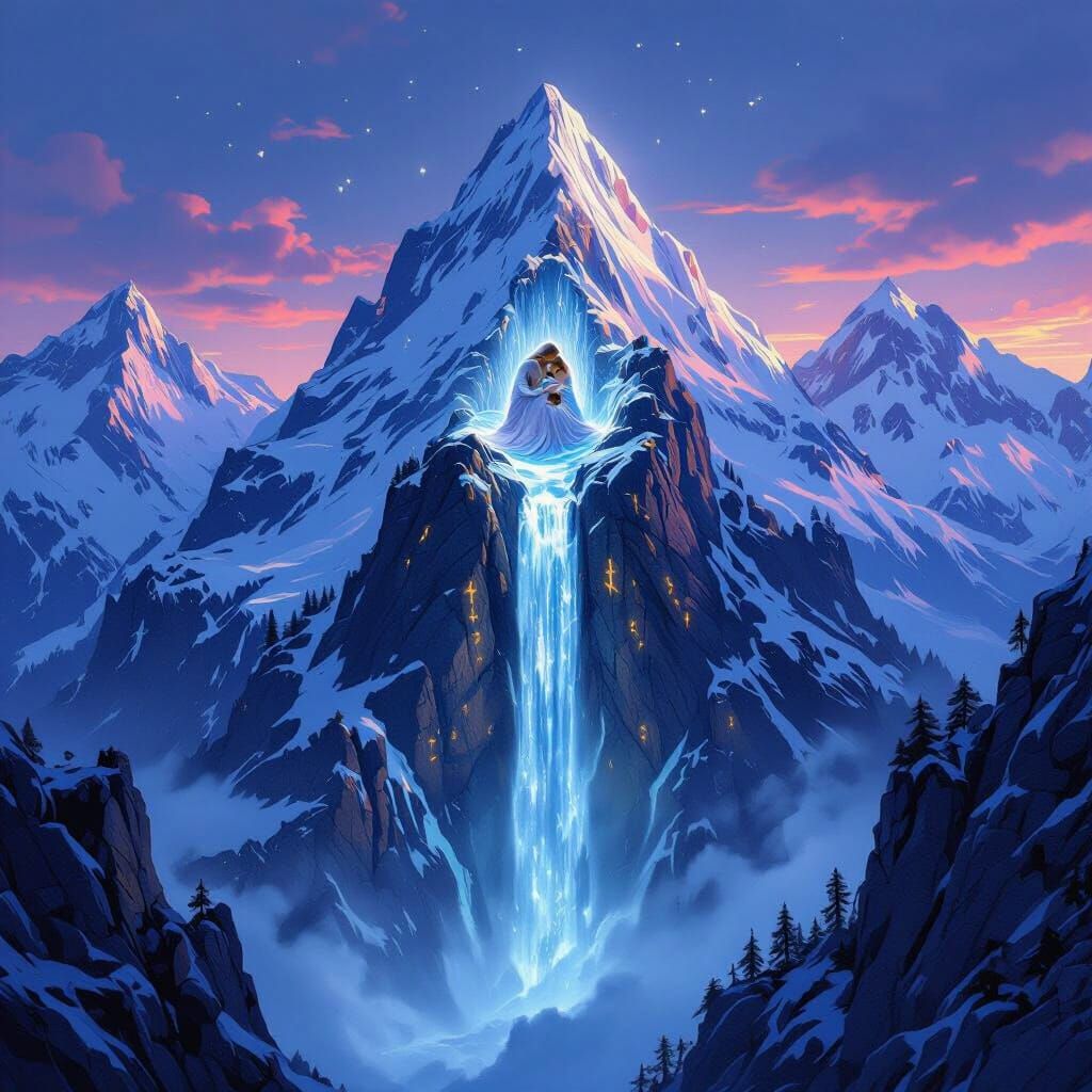 Enchanted Swiss Alps with Crystal Waterfalls and Glowing Run...