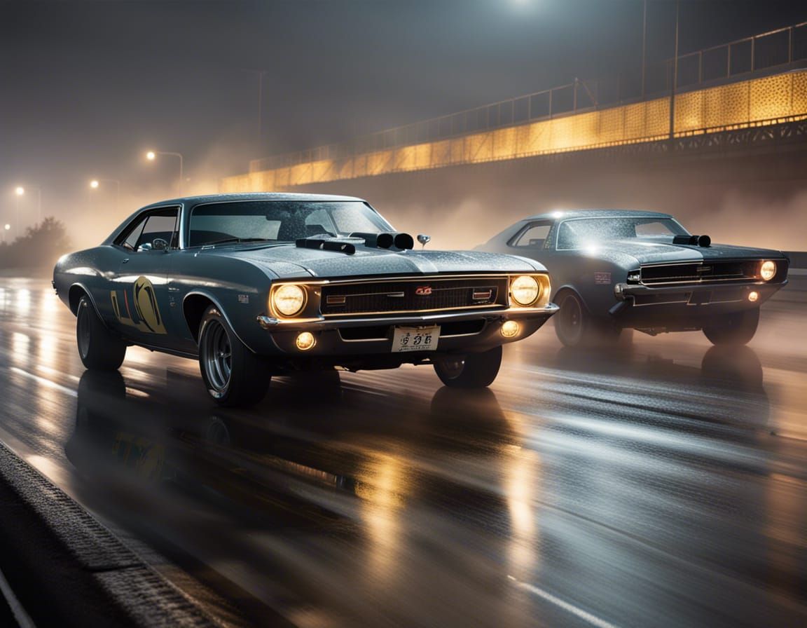 Muscle Car Drag Race at Night in Rutkowski Style