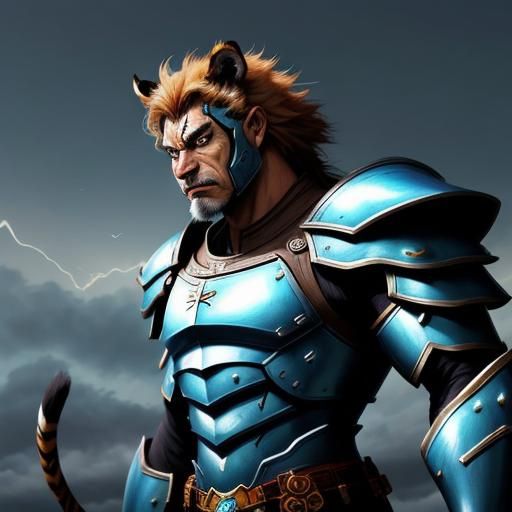 Anime-Style Tiger Warrior with Blue Armor