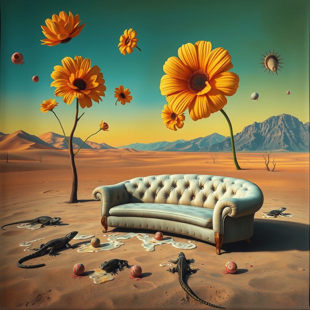 Surreal Desert Landscape with Melting Lizards and Candy