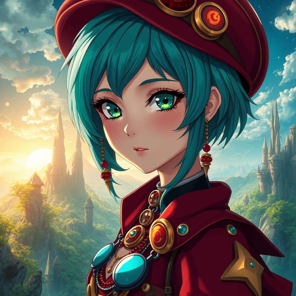 Anime Goddess with Turquoise Hair and Steampunk Style