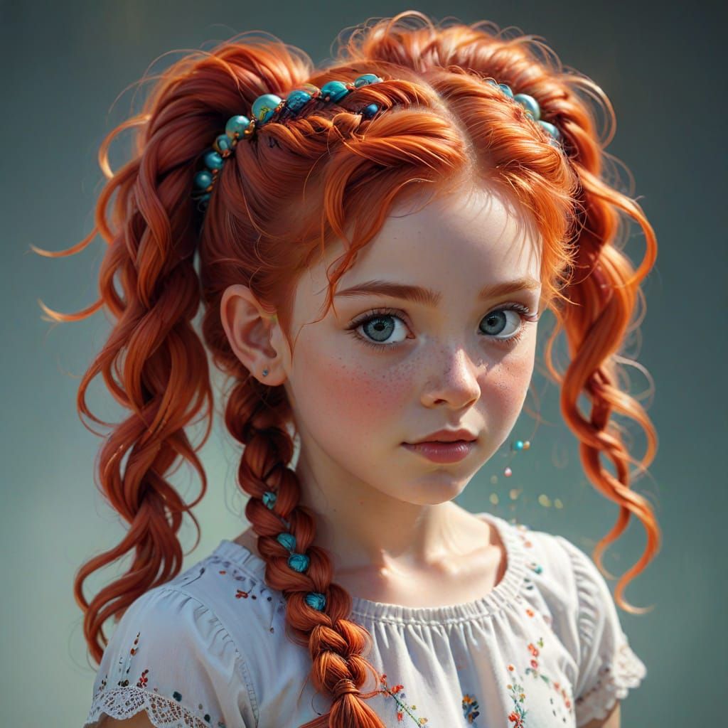 Whimsical Portrait of a Girl with Braided Red Hair