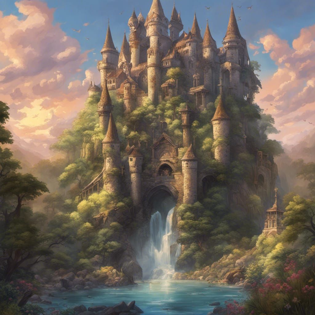 Detailed Forest Castle at Sunset in Hyperrealism