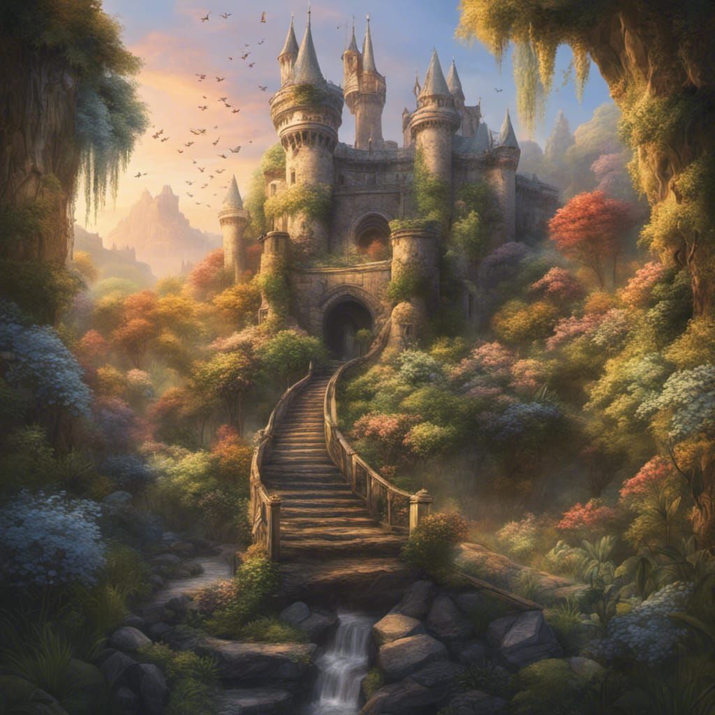 Detailed Forest Castle at Sunset in Hyperrealism