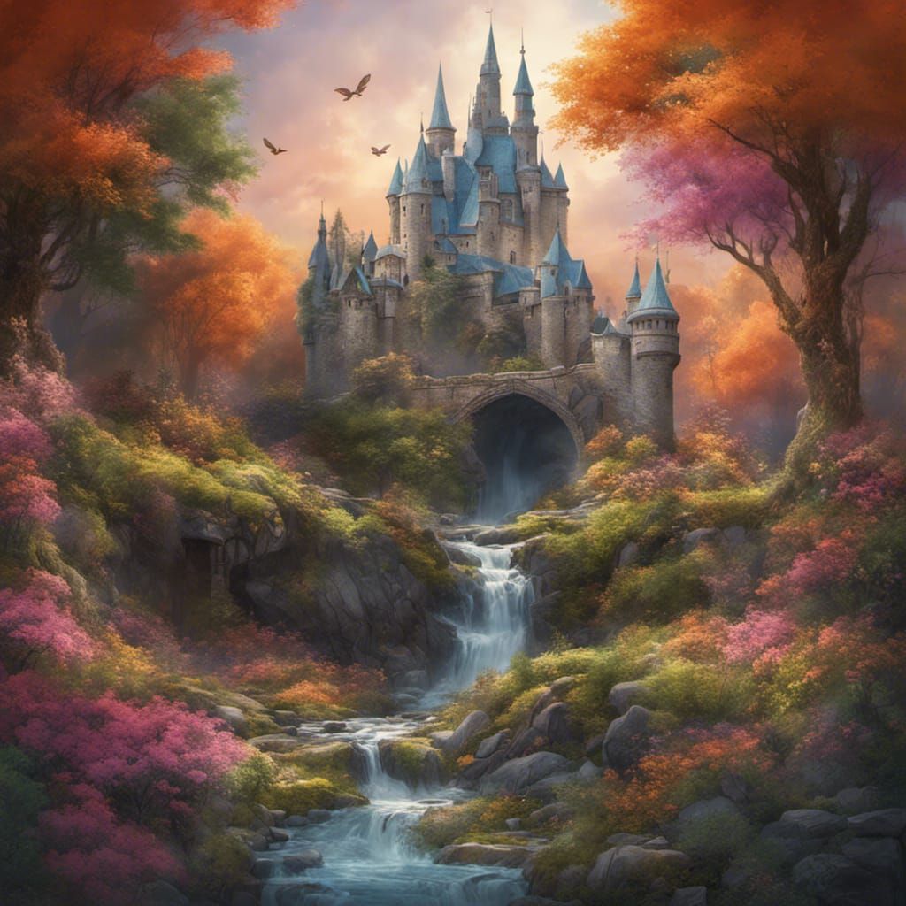 Detailed Forest Castle at Sunset in Hyperrealism