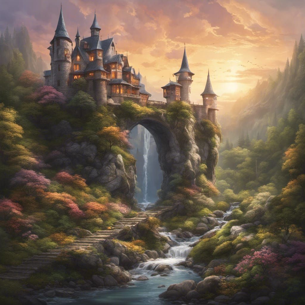 Detailed Forest Castle at Sunset in Hyperrealism