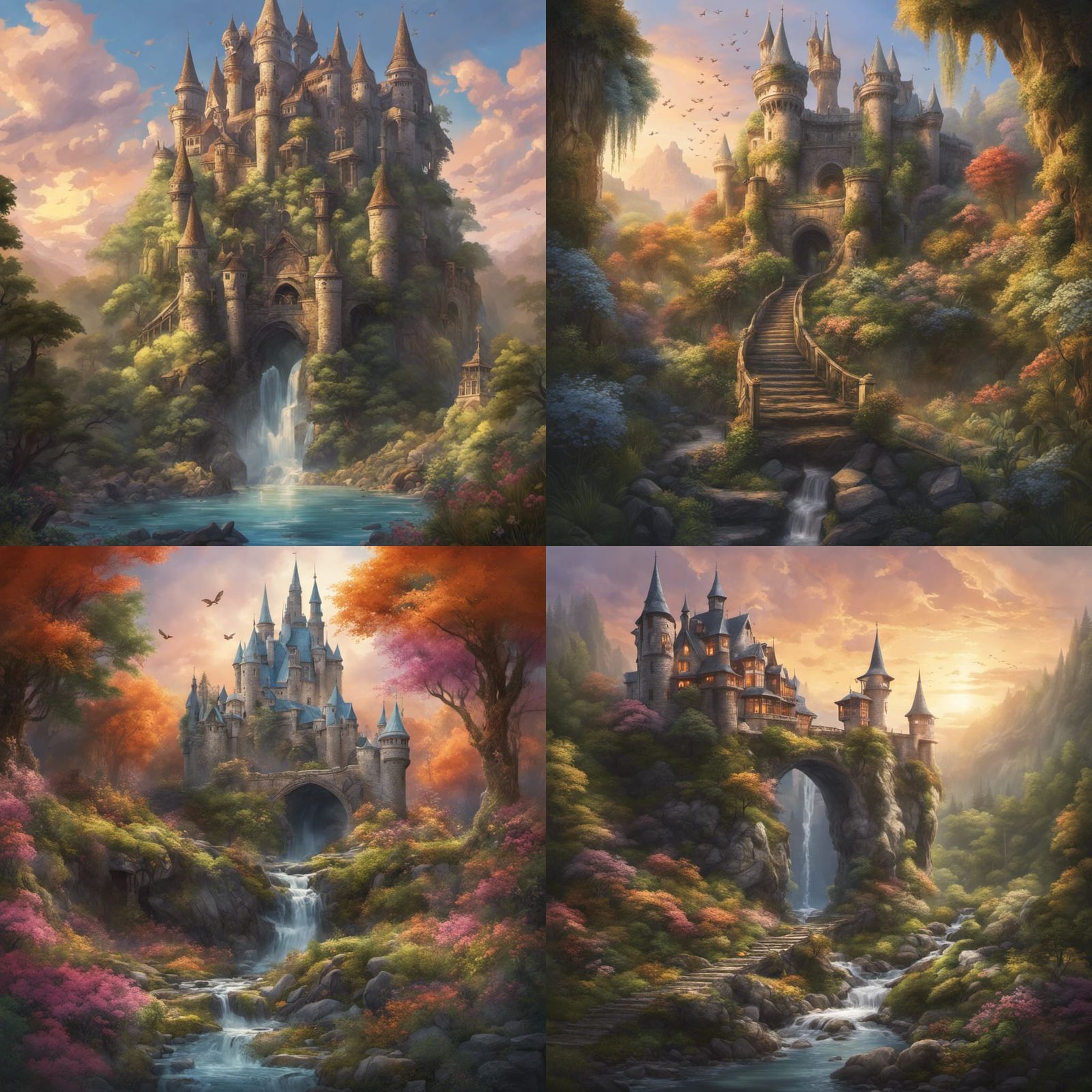Detailed Forest Castle with Cascades at Sunset