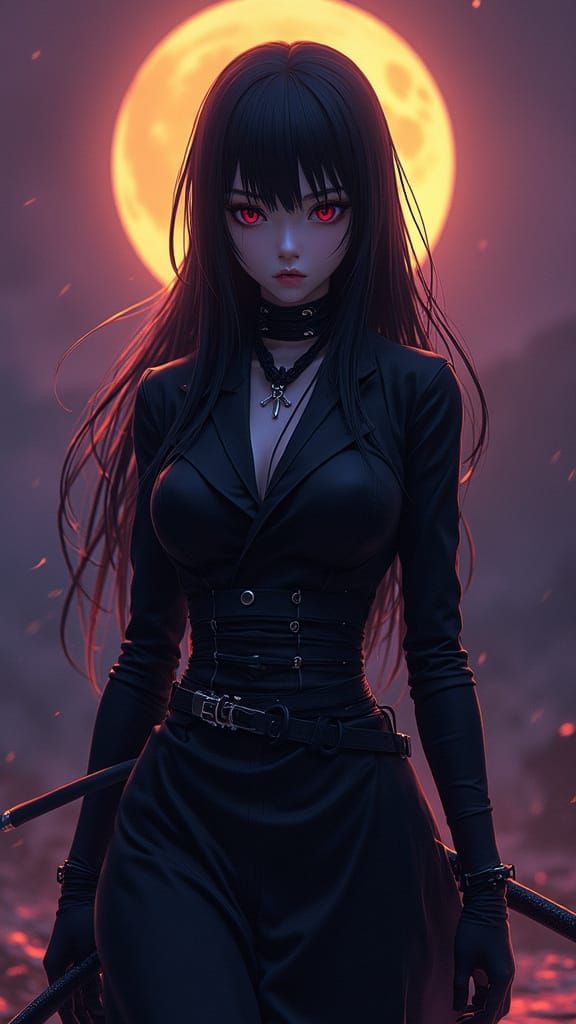 Stoic Anime Assassin Girl with Raven Hair and Piercing Eyes
