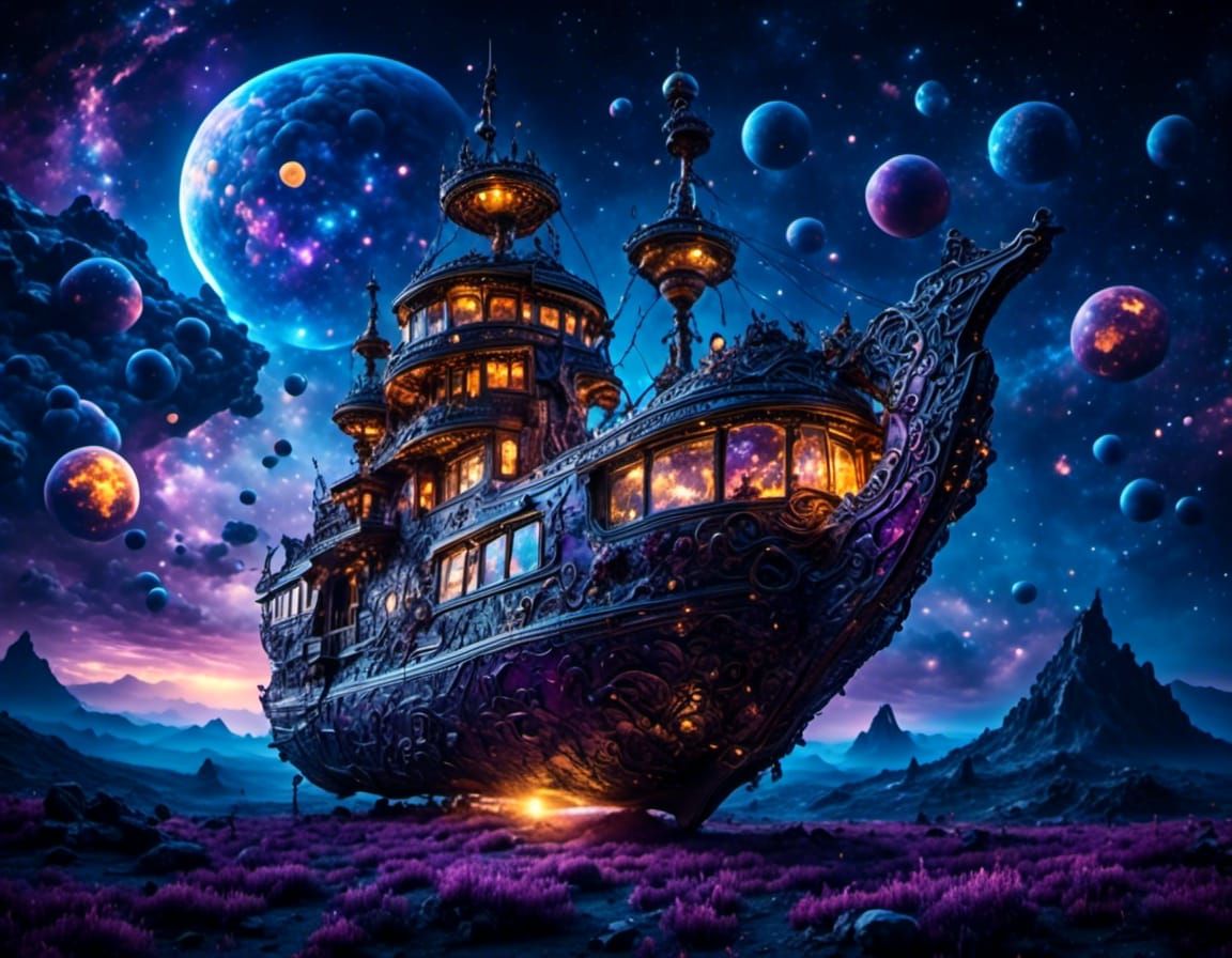 Alien Pilot Navigating Vibrant Planets in Surreal Style