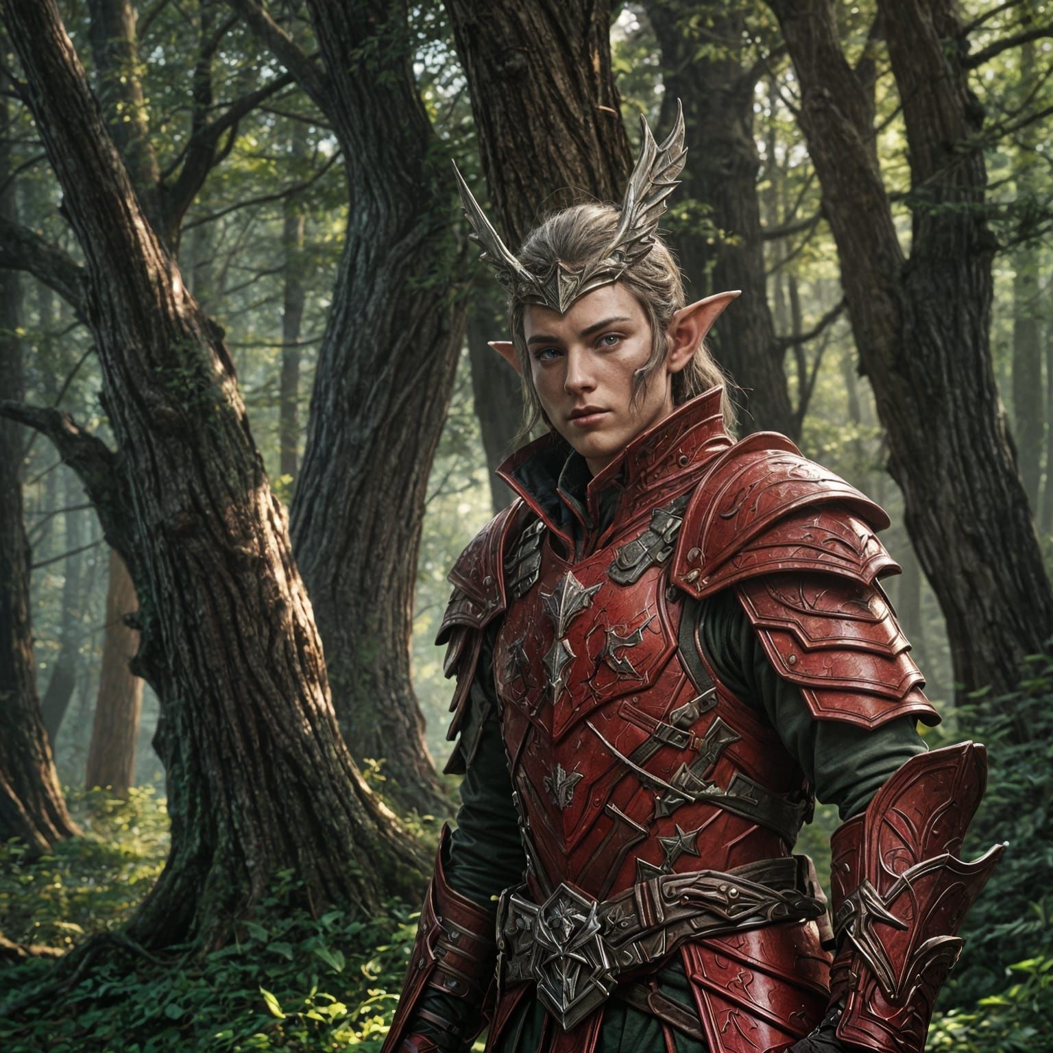 Woodland Elf, Soldier, Metallic Red Armor, Male
