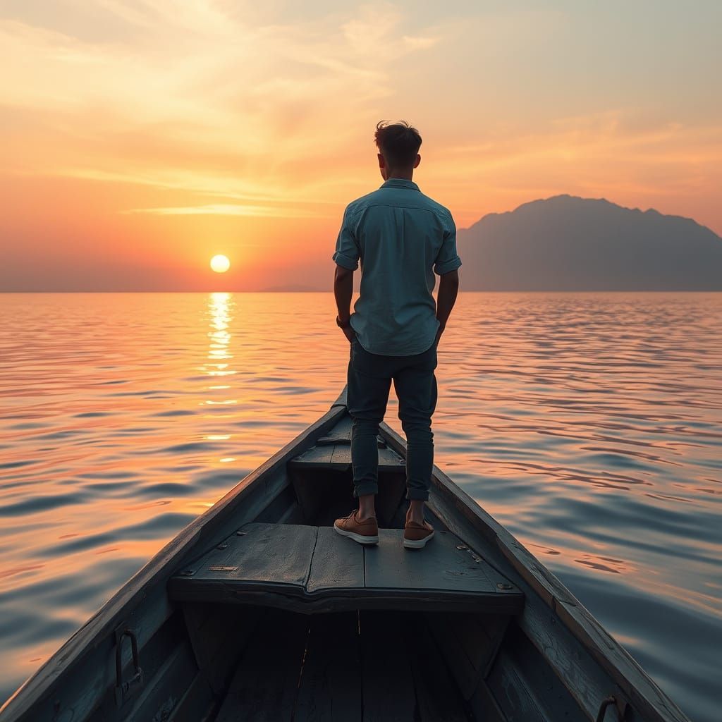 Man Contemplates Vibrant Sunset from Weathered Boat