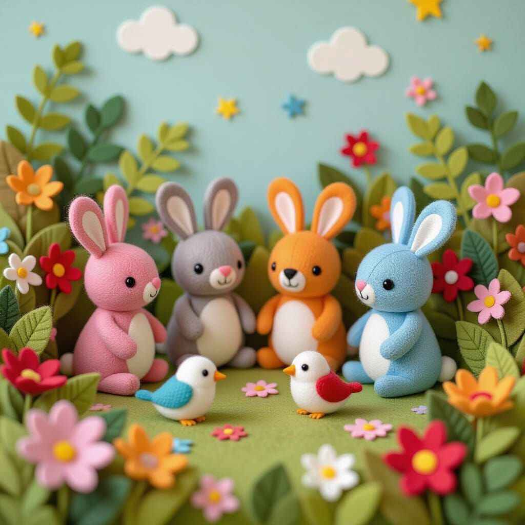 Colorful Felt Animals Party in Stylized Bush Setting