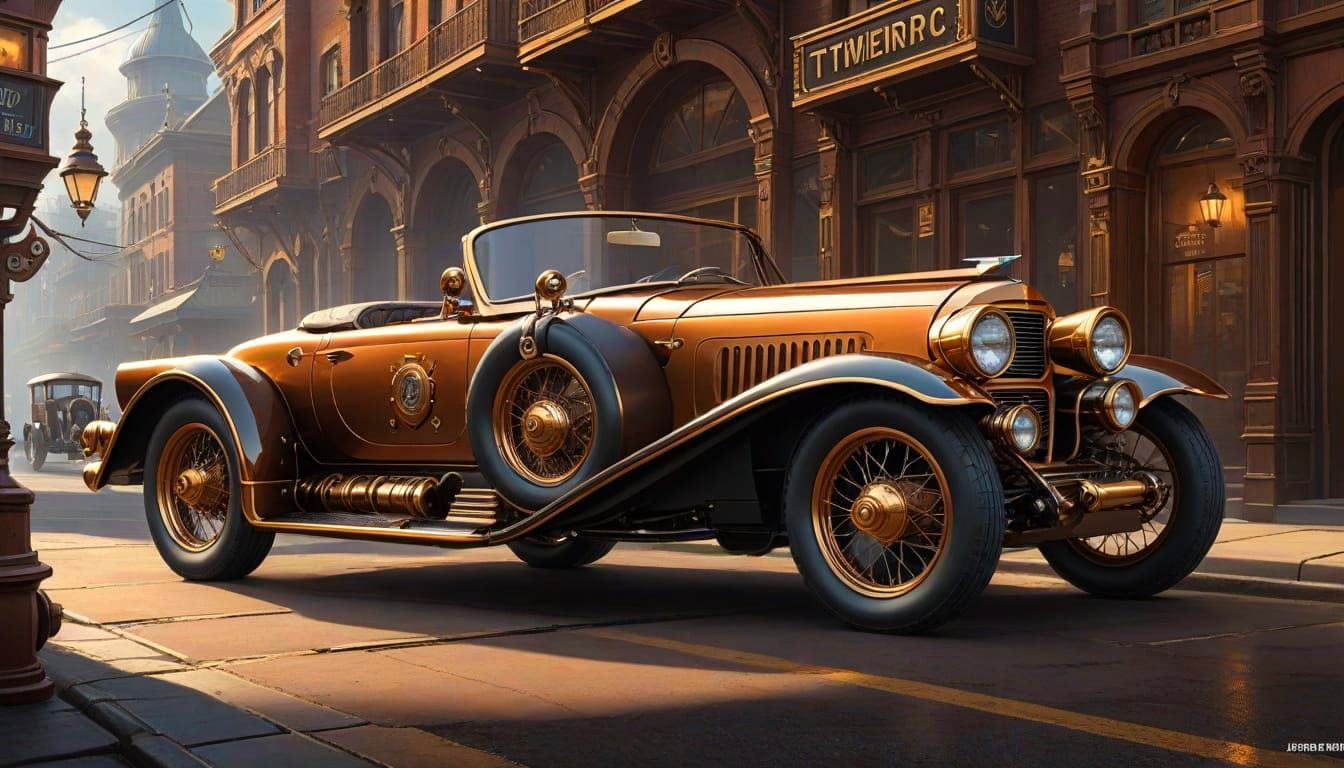 Steampunk Ford Thunderbird in Retro-Futuristic Cityscape