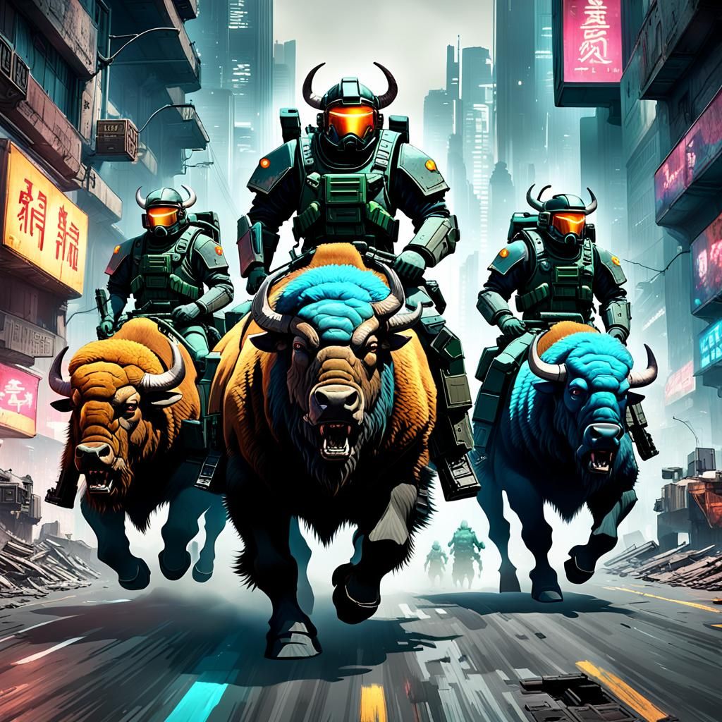 Cyberpunk Bison Riders in Concrete Jungle