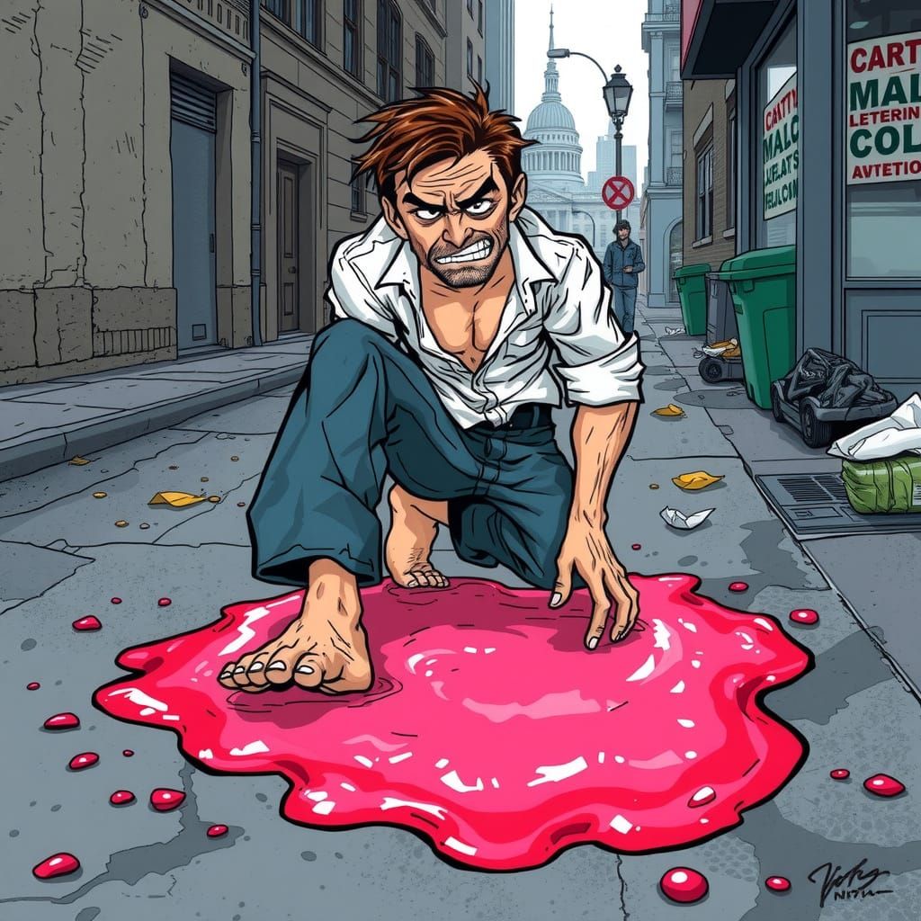 Frustrated Man Stuck in Red Gum Puddle in Comic Realism Styl...