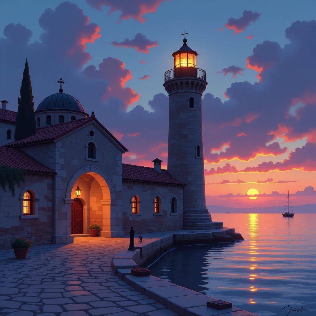 Byzantine Port City Lighthouse at Dusk