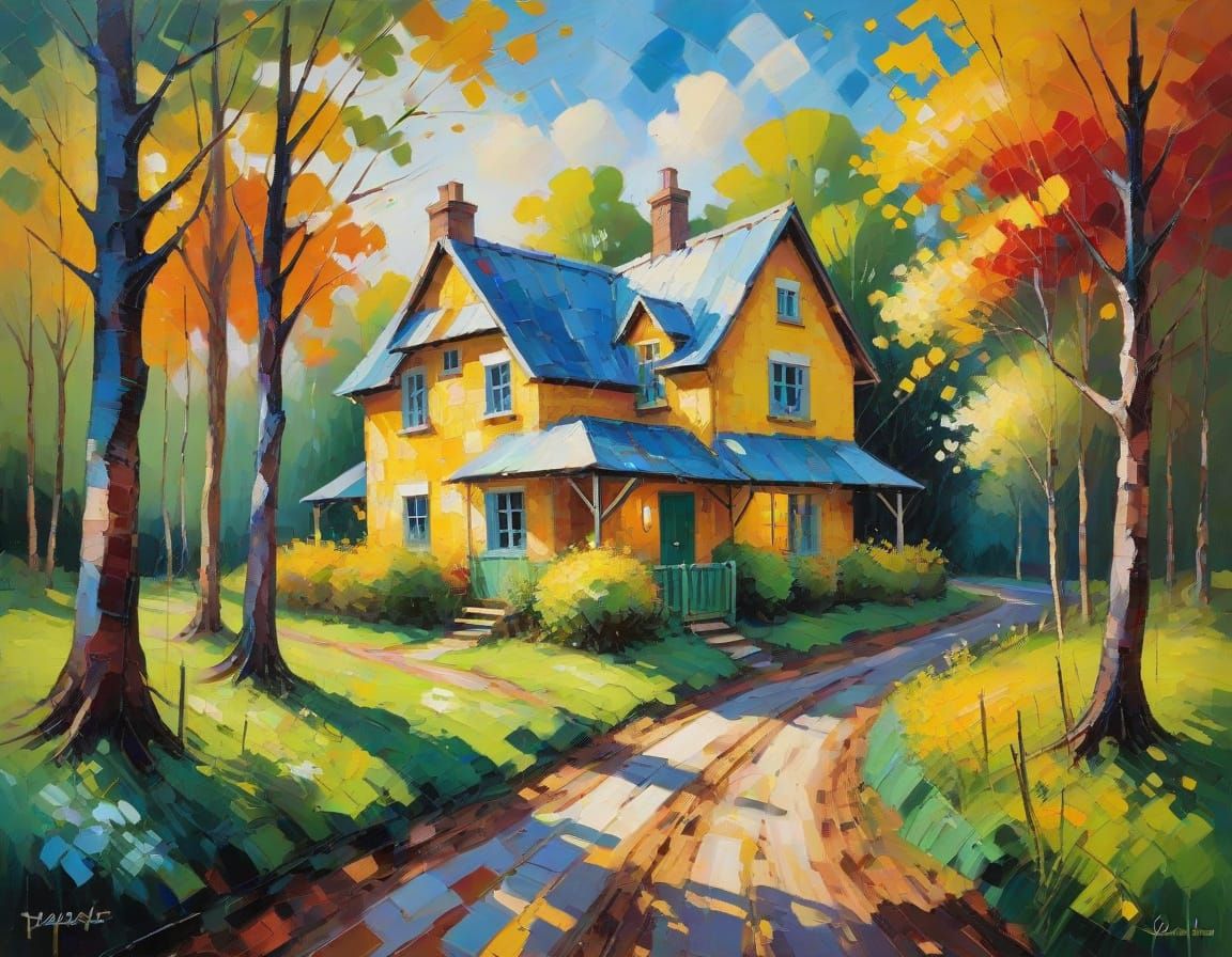 Vibrant Cottage in a Forest Landscape, Neo-Impressionist Oil...