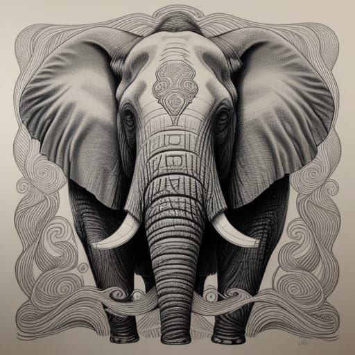 Elephant Portrait in Single Continuous Line Pencil Drawing