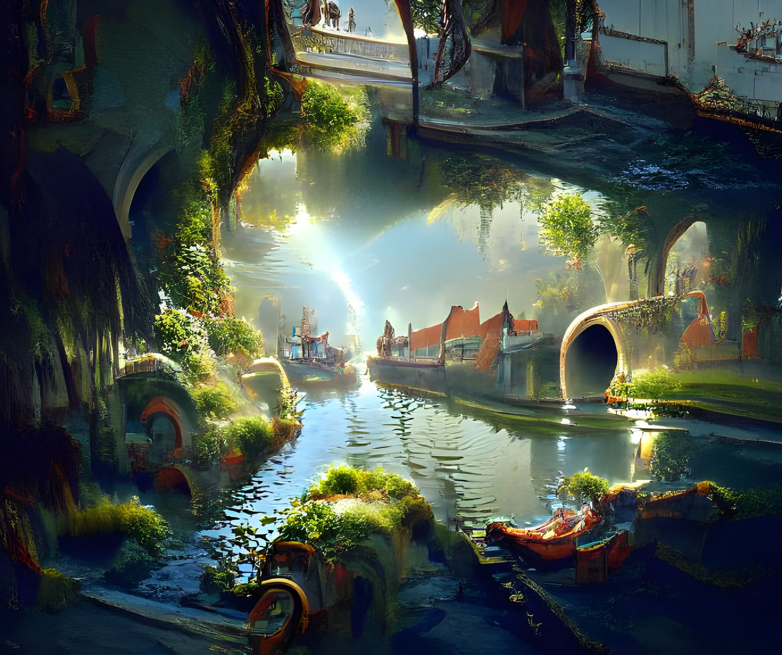 Fantasy Canal Town in Detailed Digital Painting