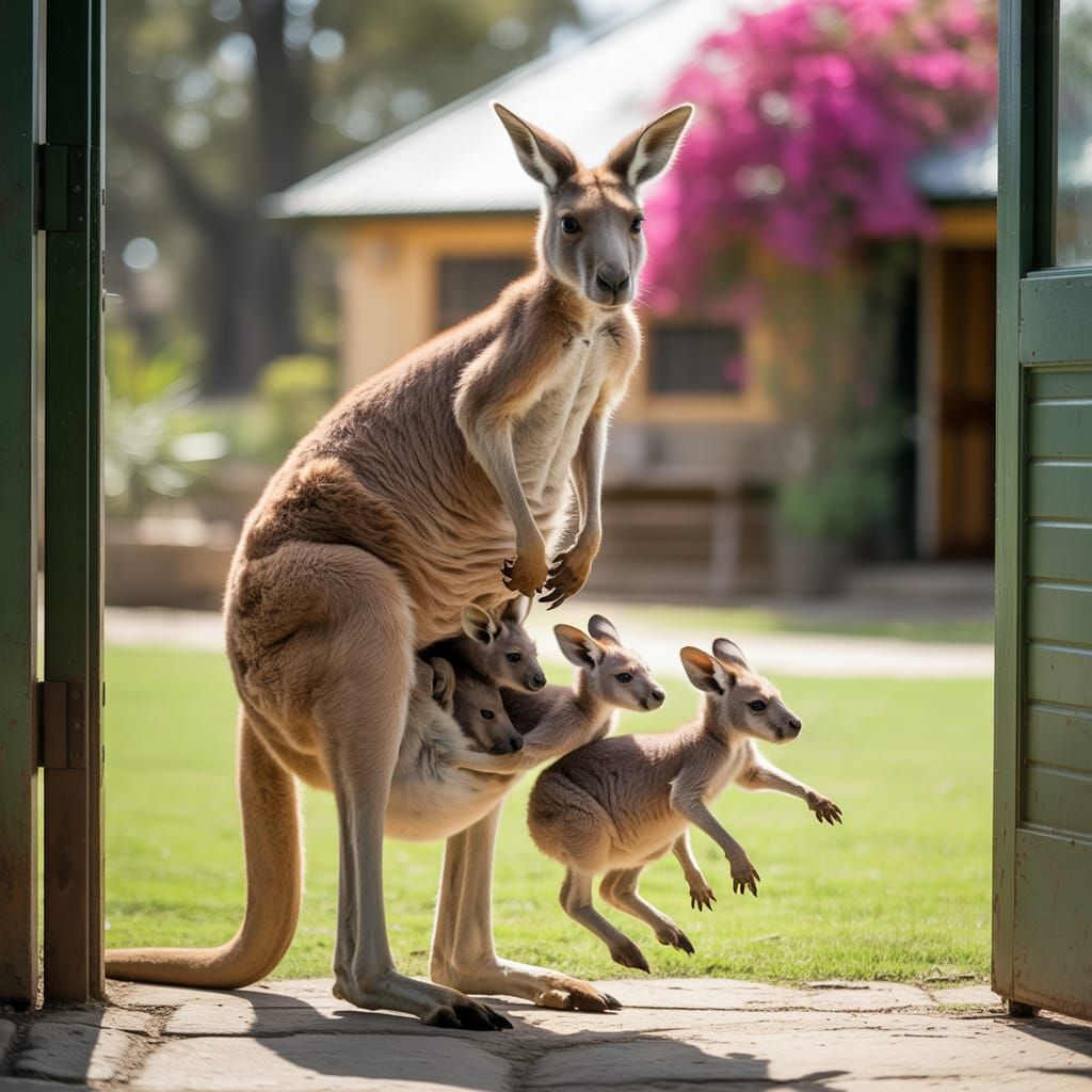 Kangaroos: Mama and Joeys in Doorway Photo