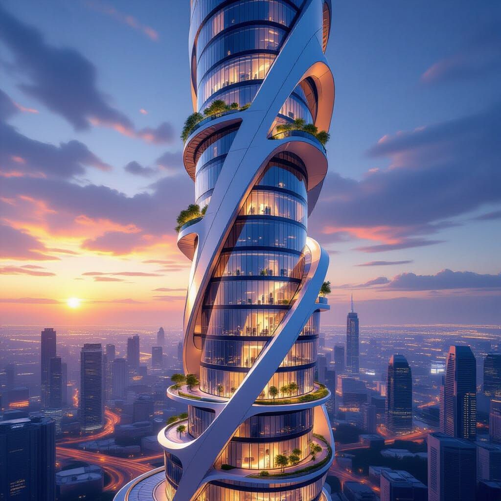 Futuristic Skyscraper with Helix Turbine and Sky Bridges
