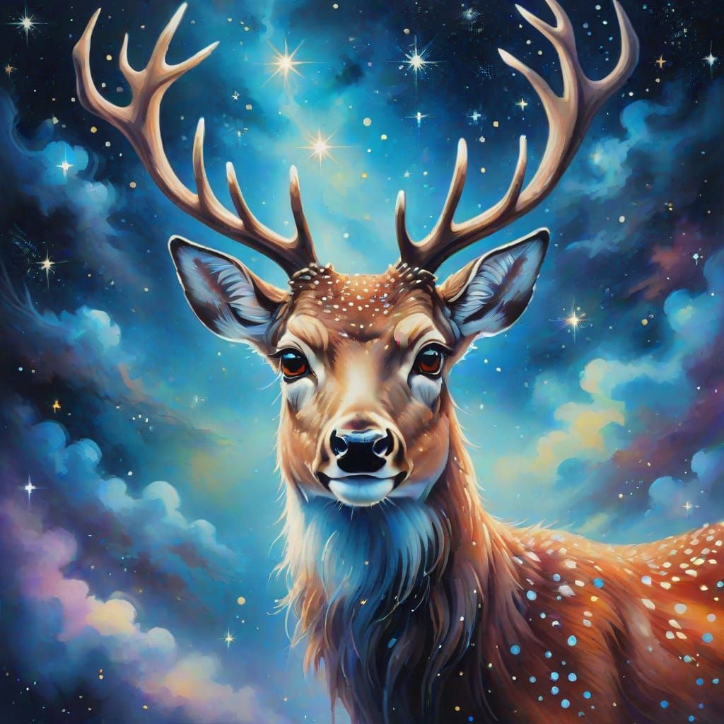 Stardust Deer Walking in Dreamlike Night Sky
