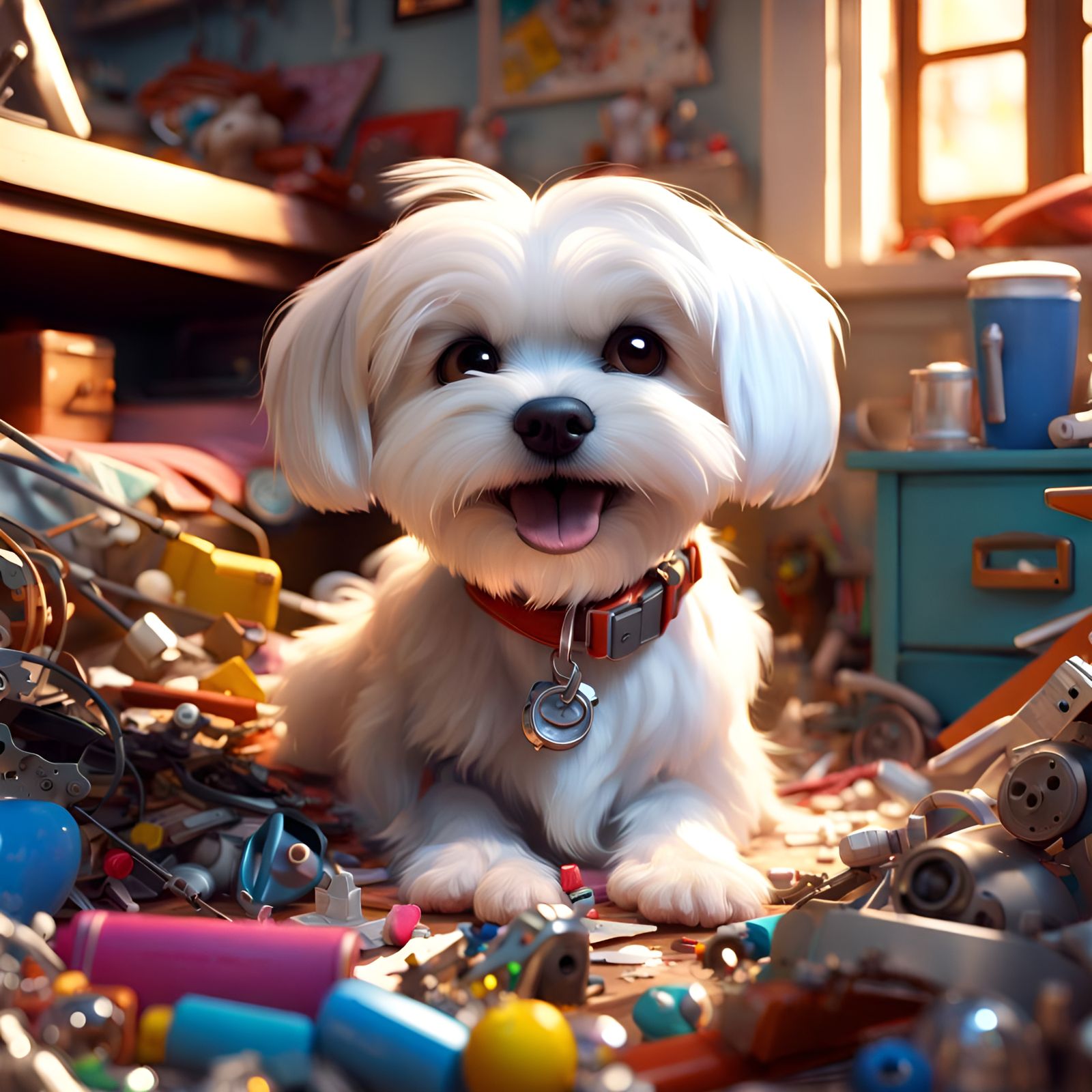 Happy Maltese Dog in Messy Room: 3D Digital Art