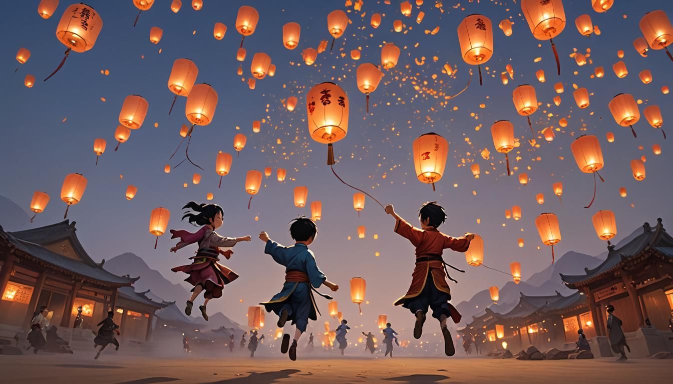 Boy and Girl with Floating Lanterns: 3D Anime Art