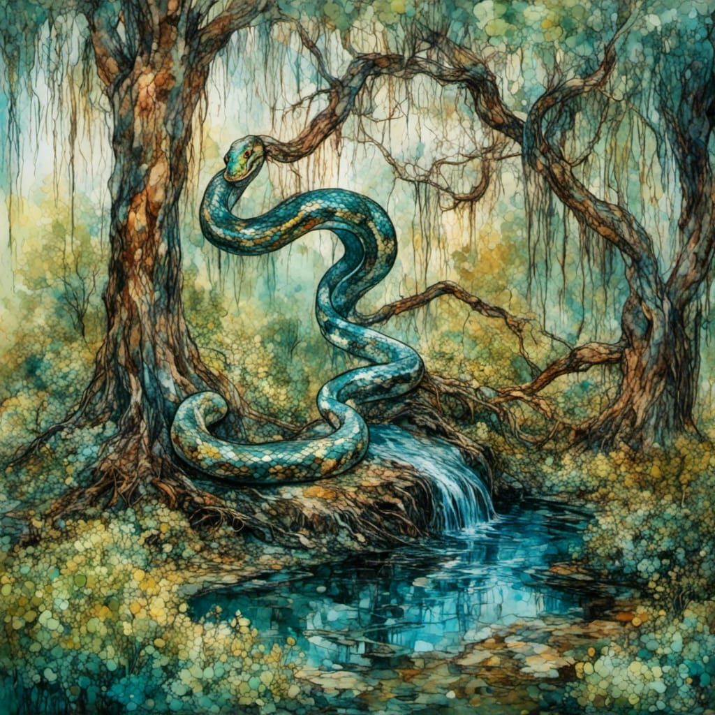 Giant Snake and Weeping Willow in Alcohol Inks
