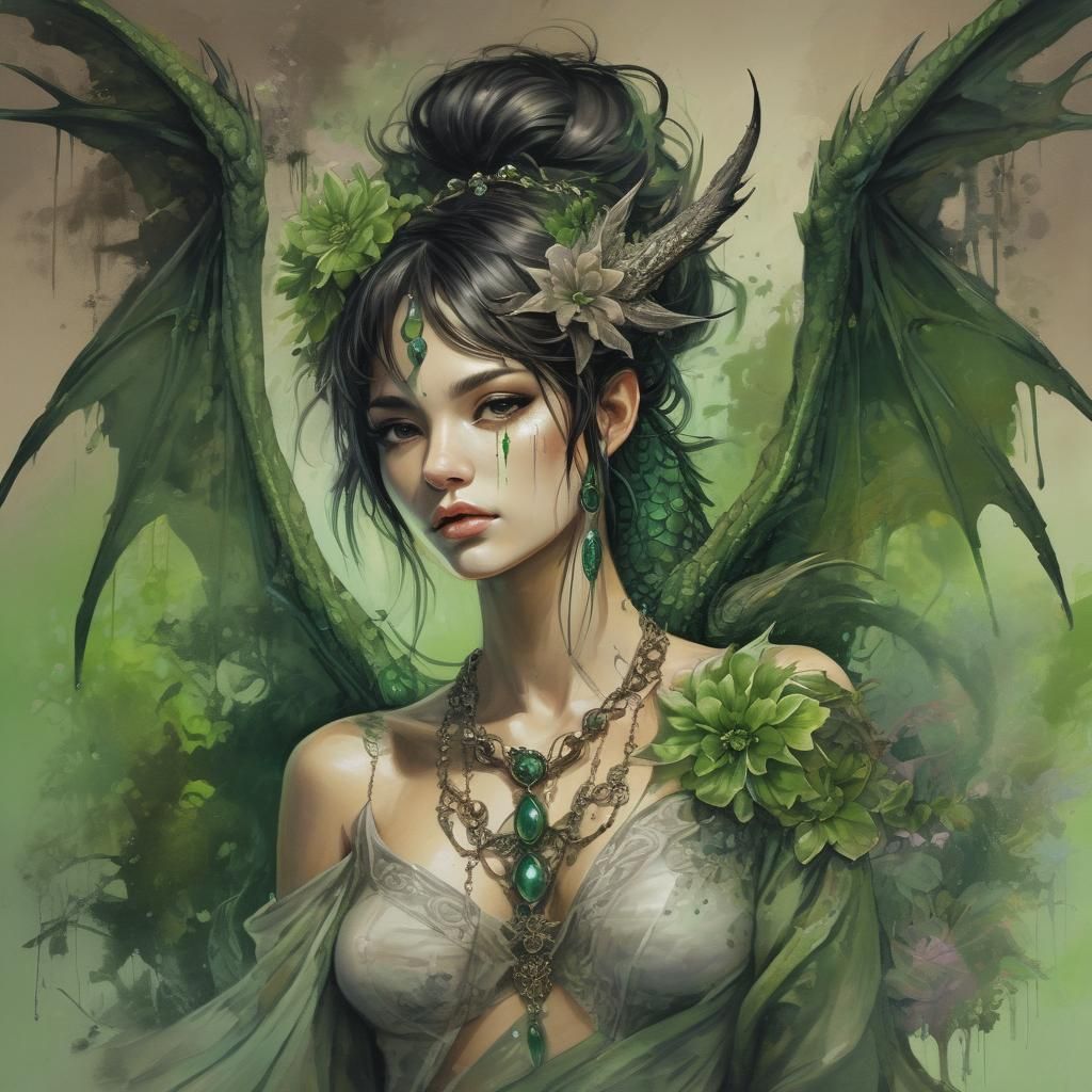 Dragon with Green Scales in Fantasy Landscape