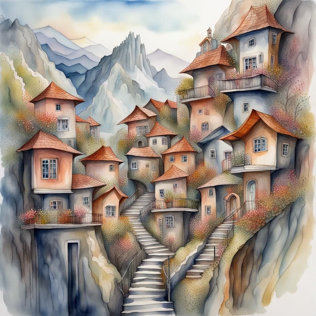 Enchanted Fantasy Mountain Village in Watercolour