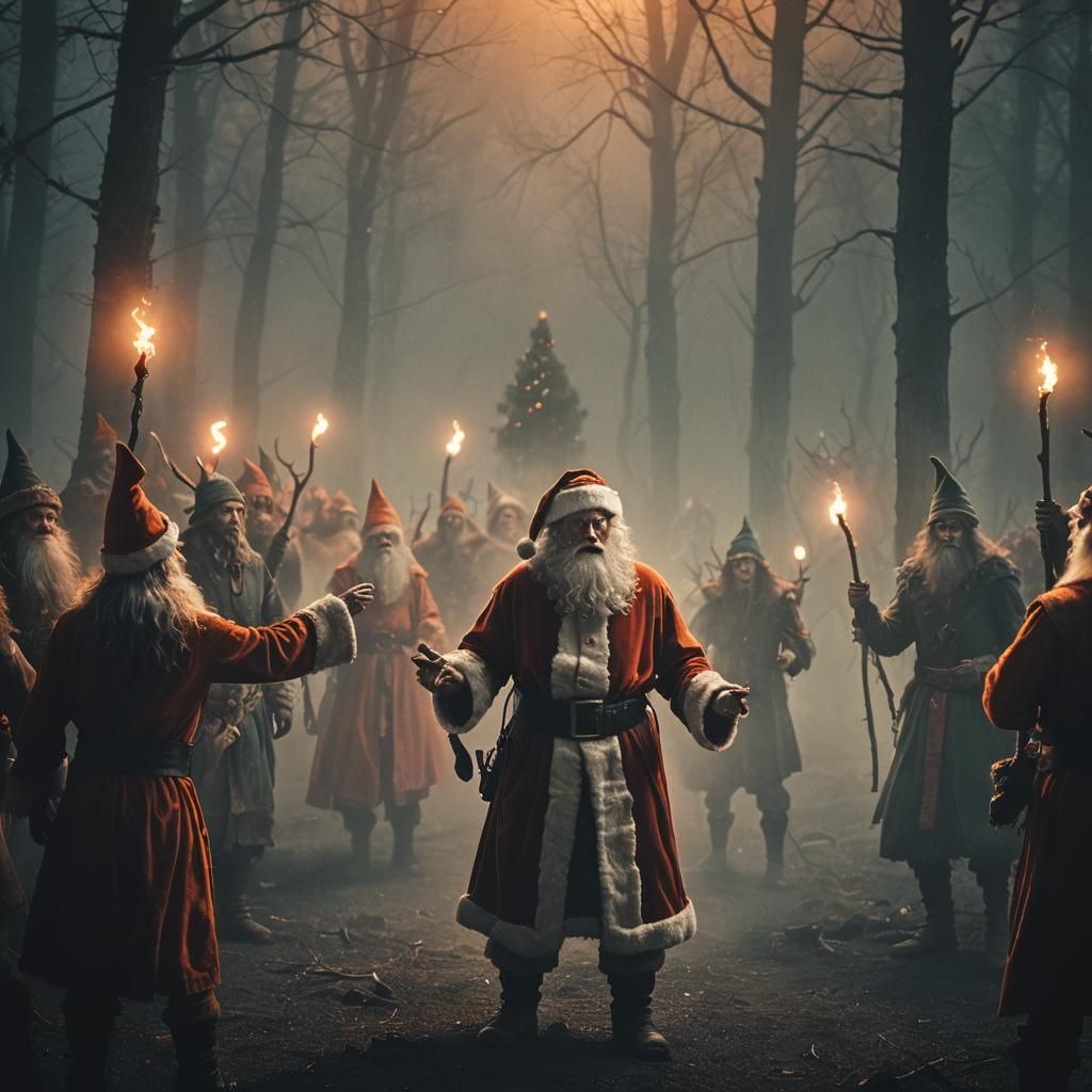 Killer elves shooting Santa with candy