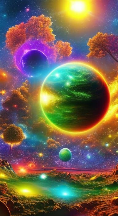 Cosmic Tree Before Vibrant Planet in Golden Hour