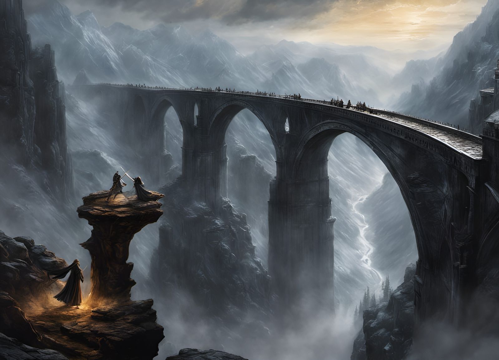 Mages Duel on Mountain Bridge in Dark Fantasy Style