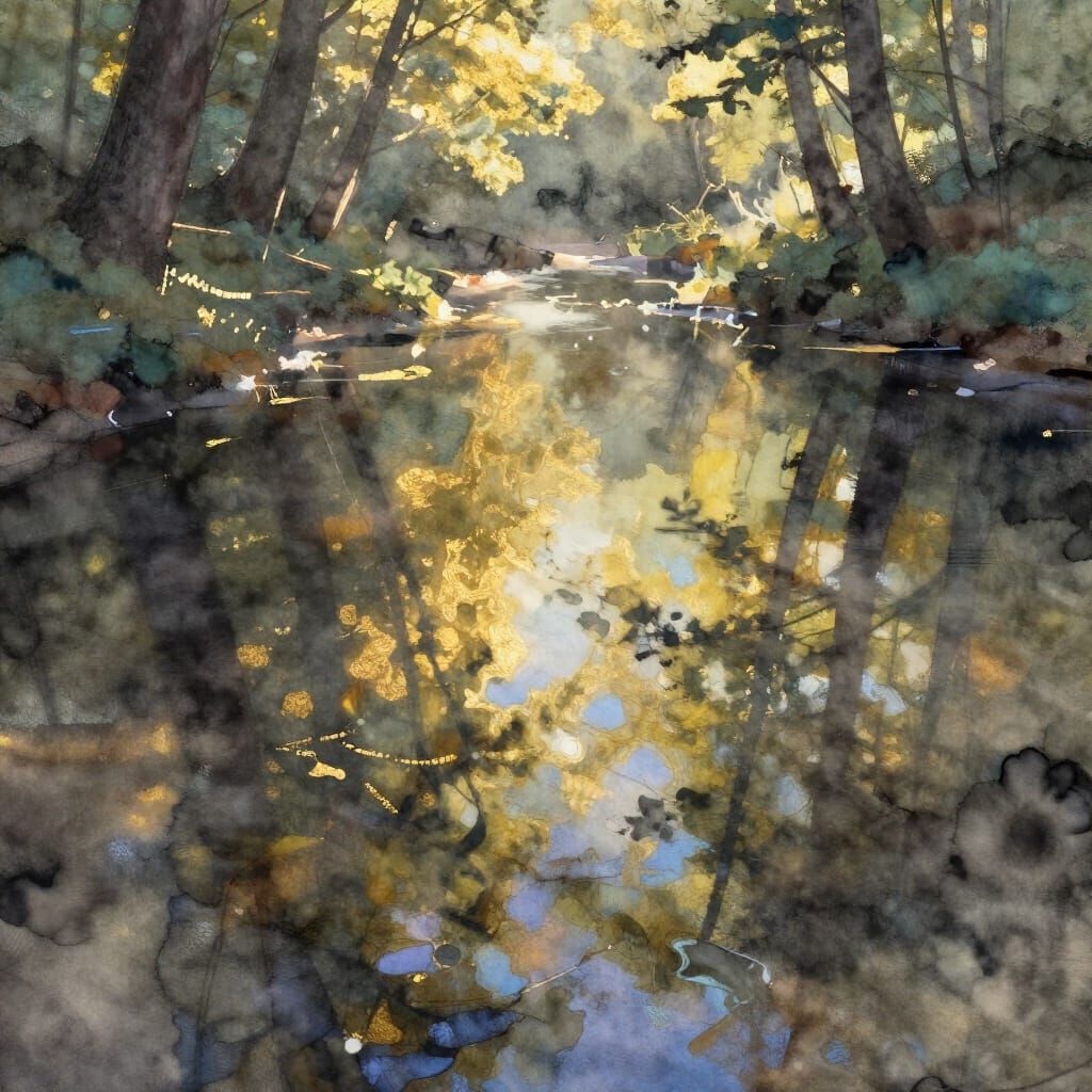 Sunlight Patterns on Forest Pool in Ink Wash Style