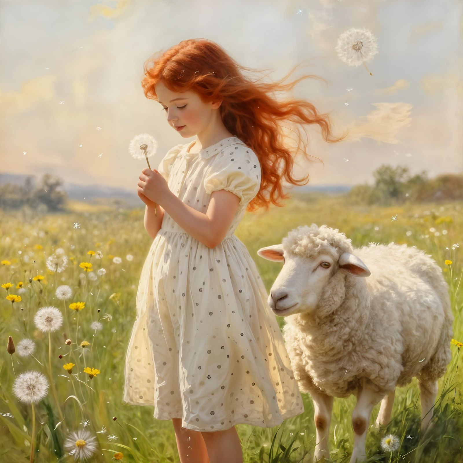 Dreamy Dandelion Field with Girl and Sheep