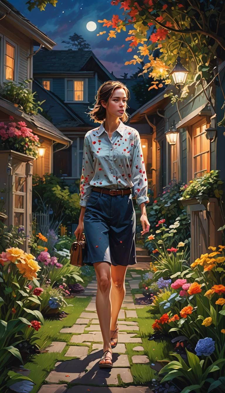 Woman Walking Away at Night: Hyperrealistic Splash Art