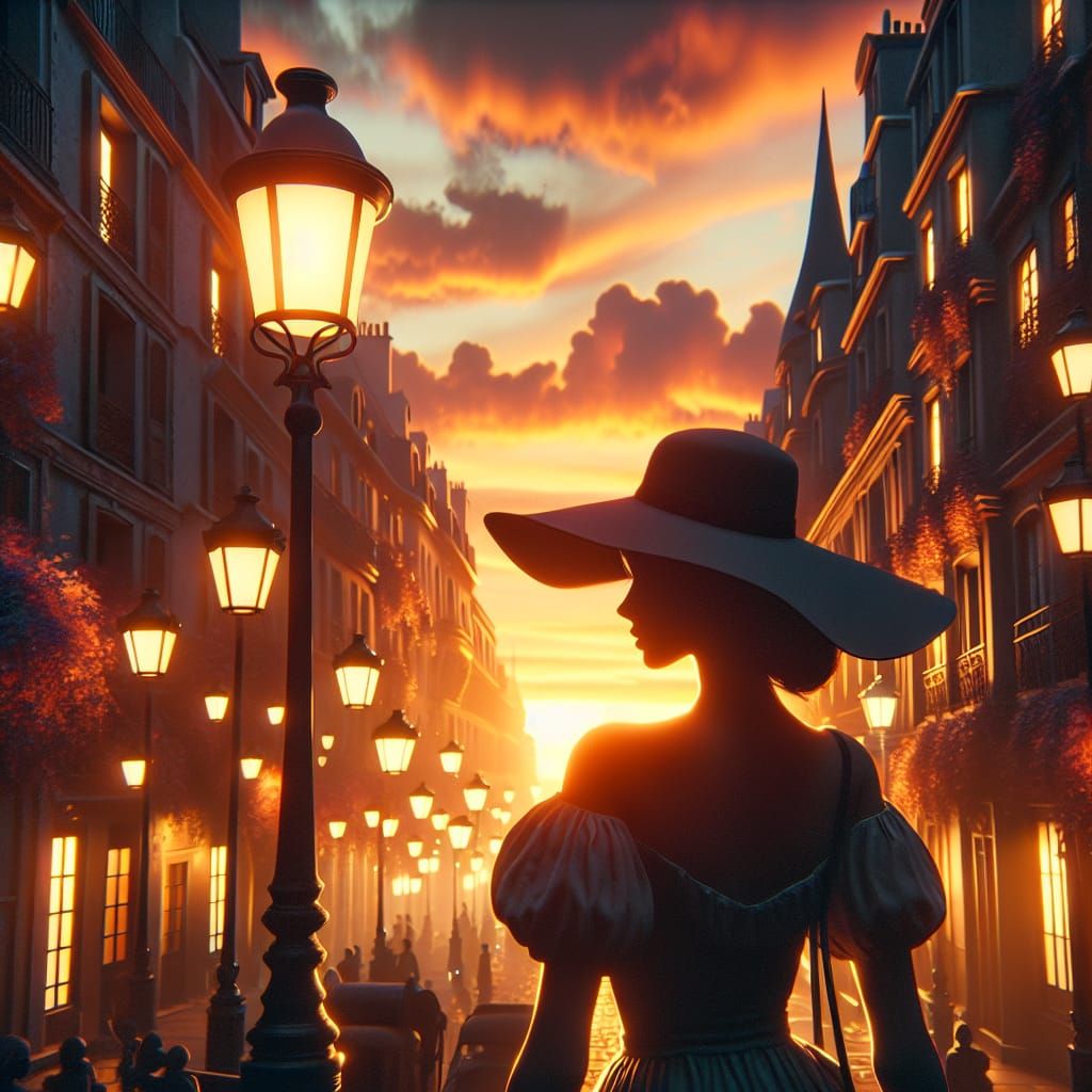 Woman in Hat Strolls Through Evening Paris