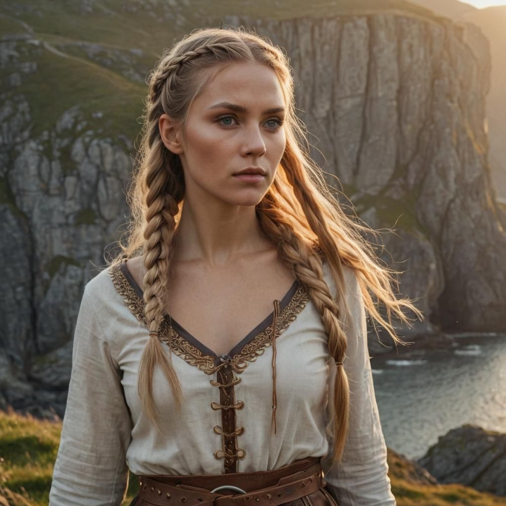 Ethereal Viking Woman in Golden Hour Ambiance