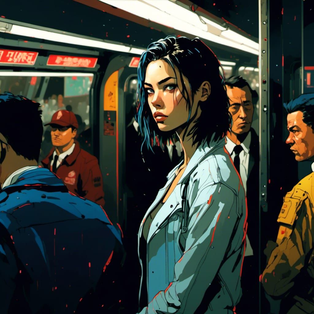 Cyberpunk Yakuza Assassin in Crowded Subway