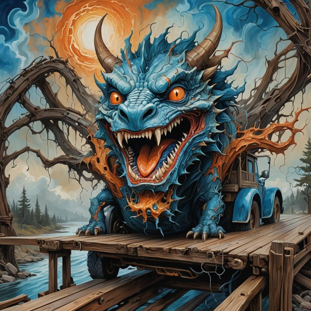 Surreal Dragon and Truck Portrait in Expressionist Style