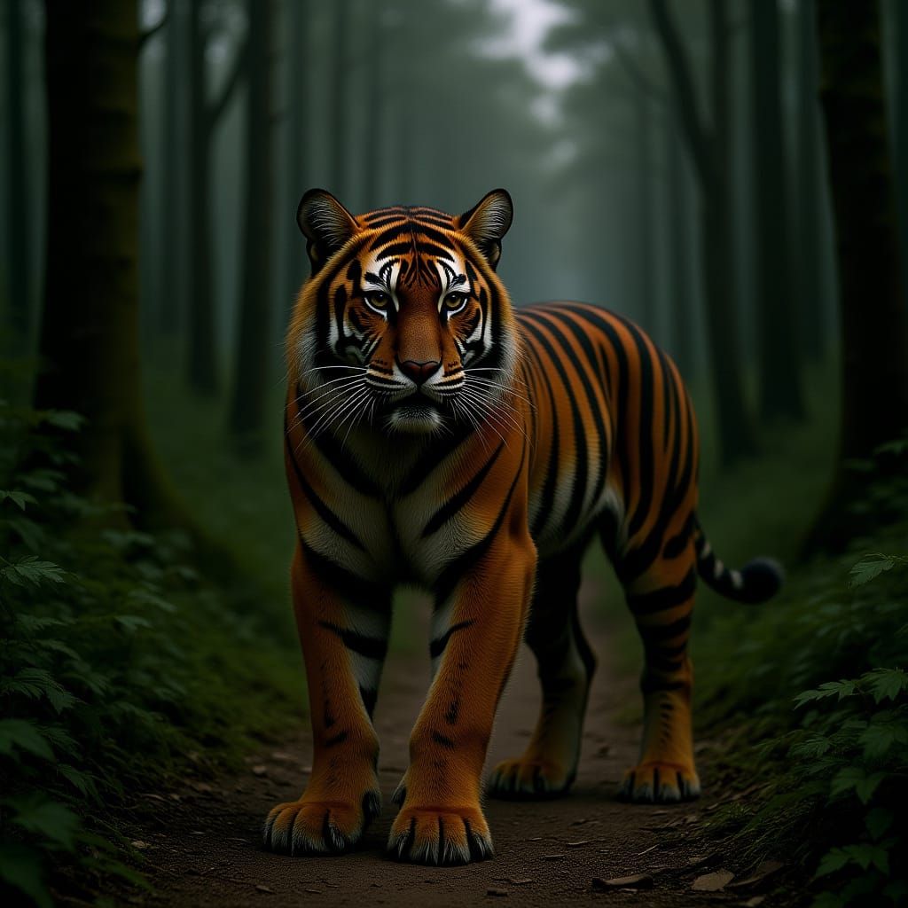 Hyperrealistic Tasmanian Tiger in Misty Forest