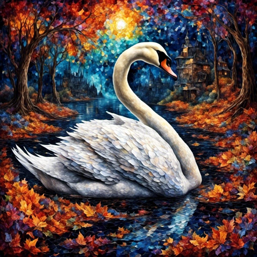 Lonely Swan in Mosaic Ink Wash Style