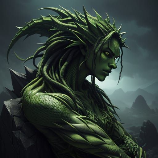 Green Scaled Monster Girl with Spikes and Dreads