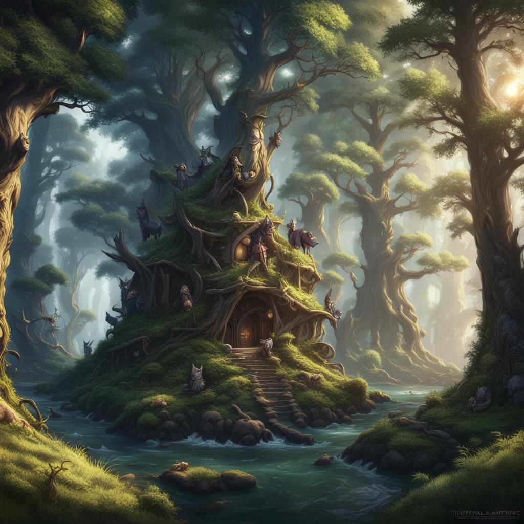 Enchanted Forest: Elves and Animals in Detailed Painting