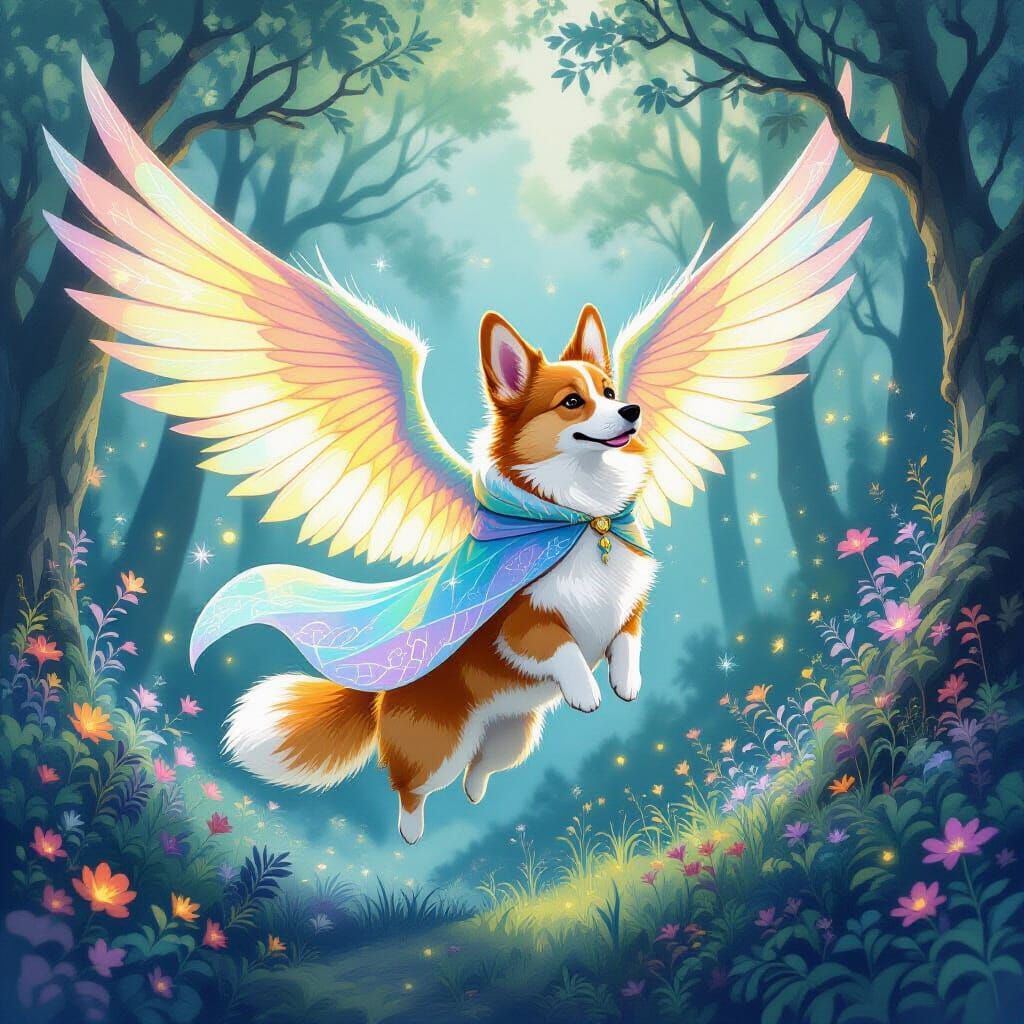 Flying Bioluminescent Corgi in Mystical Forest